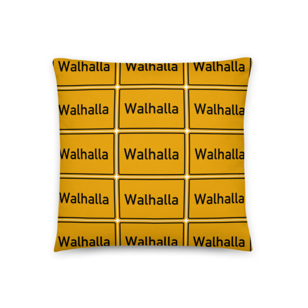 Ein gelbes Kissen mit der Aufschrift „Walhalla Basic-Kissen“.