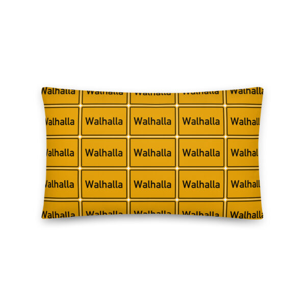 Ein gelb-schwarzer Walhalla Basic-Kissen mit dem Wort „Wahala“.