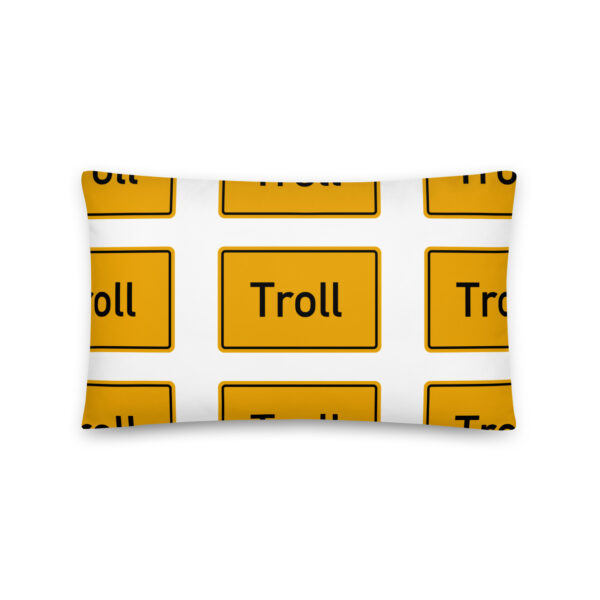 Ein Troll-Kissen mit dem Wort „Troll“-Design.