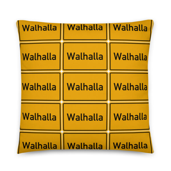 Ein gelbes Kissen mit dem Schriftzug „Walhalla“ aus der Basic-Kissen-Kollektion.