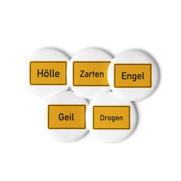 Ein Knopfset mit den Worten Hallo, Egel und Drache.