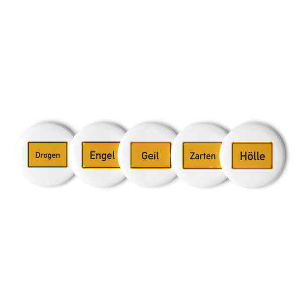 Button-Set mit Hölle, Geil, Zarten usw. mit den Worten Gil, Gold und Zarn.