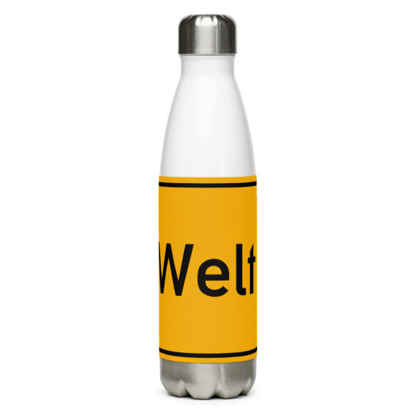 Eine Trinkflasche aus Edelstahl mit dem Wort „welt“.