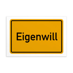 Eine gelb-weiße Eigenwill-Postkarte mit dem Wort eigenwil.