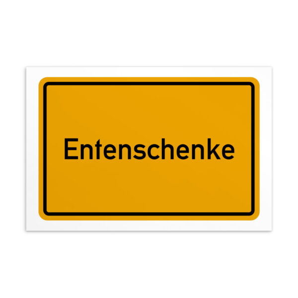 Eine gelbe Postkarte mit dem Schriftzug „Entenschenke“.