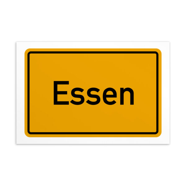 Ein Schild mit der Aufschrift „Essen-Postkarte“ in Gelb und Weiß.