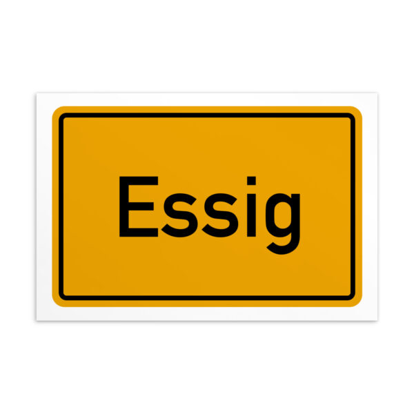 Ein Schild mit der Aufschrift „Essig-Postkarte“ auf gelbem Hintergrund.