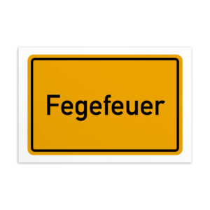 Ein Schild mit dem Wort Fegefeuer-Postkarte in leuchtendem Gelb und Schwarz.