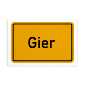 Ein leuchtendes Schild mit den Worten „Gier-Postkarte“ in Gelb und Schwarz.