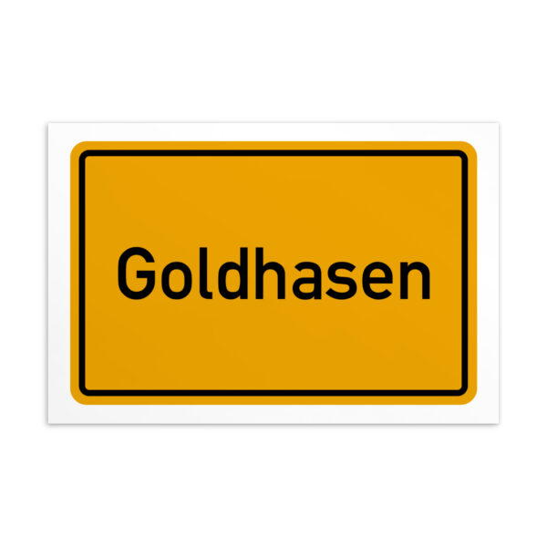 Ein Schild mit der Aufschrift „Goldhasen-Postkarte“ in Gelb und Weiß.