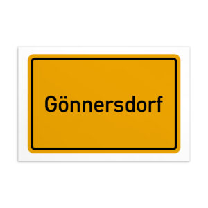 Eine lebendige Postkarte mit dem Wort „Gönnersdorf“ auf einem leuchtend gelben und schwarzen Design.