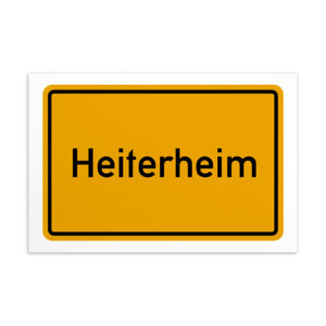 Ein Schild mit dem Wort Heiterheim-Postkarte in Gelb und Schwarz.