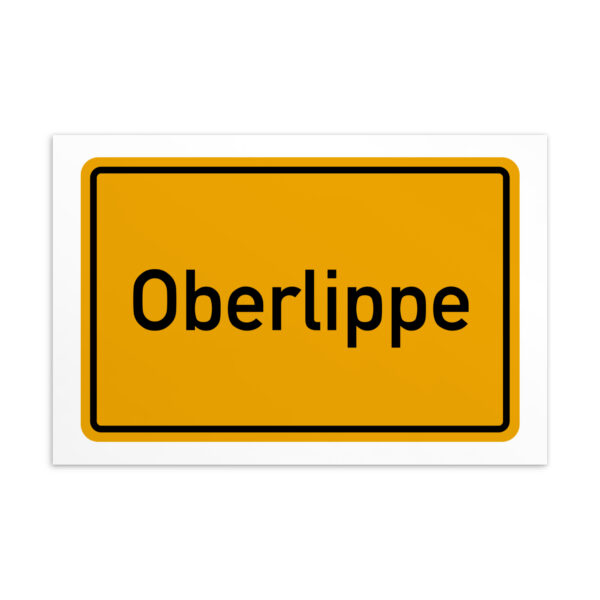 Ein gelb-schwarzes Schild mit Werbung für die Oberlippe-Postkarte.