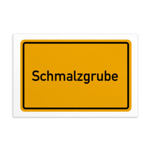 Ein leuchtendes Schild mit der Aufschrift „Schmalzgrube-Postkarte“ in Gelb und Schwarz.