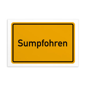 Ein Schild mit der Aufschrift Sumpfohren-Postkarte in Gelb und Schwarz.