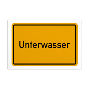 Ein Schild mit dem Wort Unterwasser-Postkarte in Gelb und Schwarz.