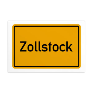 Ein leuchtend gelbes Schild mit der Zollstock-Postkarte.