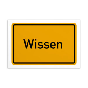 Ein gelbes Schild mit der Aufschrift Wissen-Postkarte.