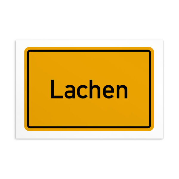 Ein gelb-weißes Lachen-Postkarte-Schild.