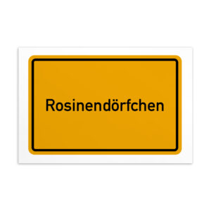 Gelb-weißes Schild mit der Aufschrift Rosinendörfchen-Postkarte.