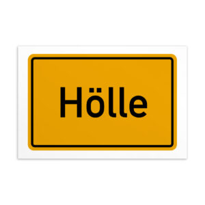 Ein Schild mit dem Wort „Hölle-Postkarte“ in Gelb und Weiß.