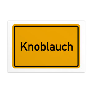 Ein Schild mit dem Wort Knoblauch-Postkarte in Gelb und Schwarz.