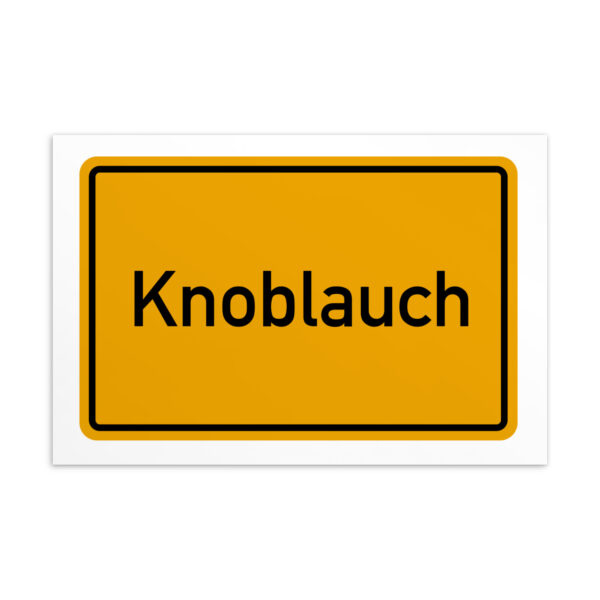 Ein Schild mit dem Wort Knoblauch-Postkarte in Gelb und Schwarz.