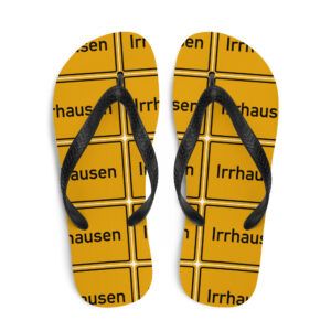 Flip-Flops der Marke Irrhausen mit dem Wort Irrhausen auf ihrem Design.