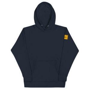 Ein Unisex-Kapuzenpullover mit gelbem Logo.