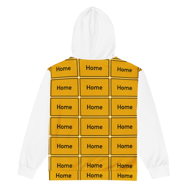 Ein Unisex-Zip-Hoodie mit der Aufschrift „Home“ darauf.