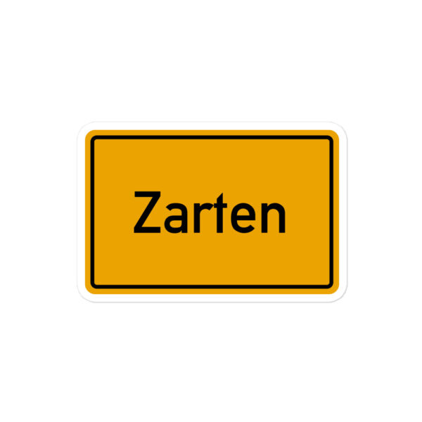 Ein gelber blasenfreier Aufkleber mit dem Wort „Zärten“ darauf.