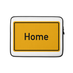 Eine gelbe Laptop-Tasche mit dem Wort „Home“ darauf.