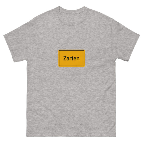 Ein graues Klassisches Herren-T-Shirt mit dem Wort zarten darauf.