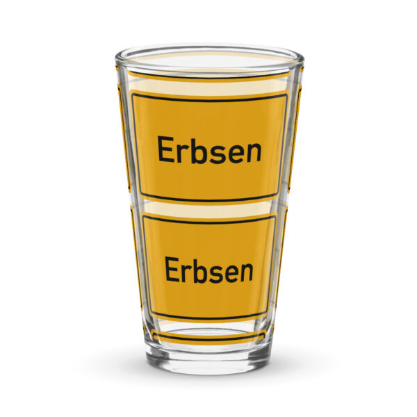 Ein Pint-Glas mit den Worten erbsen und erbsen darauf.