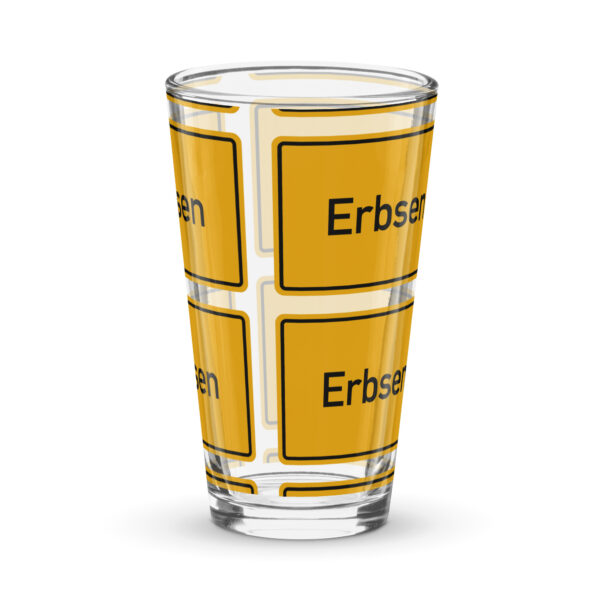 Ein Pint-Glas mit dem Wort Erbsen darauf.