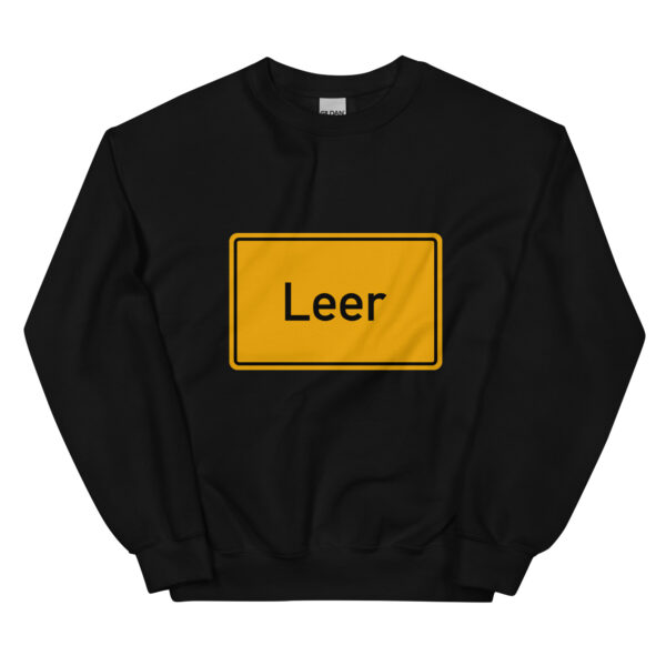 Ein Unisex-Pullover mit schwarzem Stoff und gelbem rechteckigem Schild.