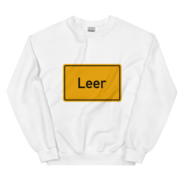 Ein weißer Unisex-Pullover mit dem Wort „Leer“ darauf.