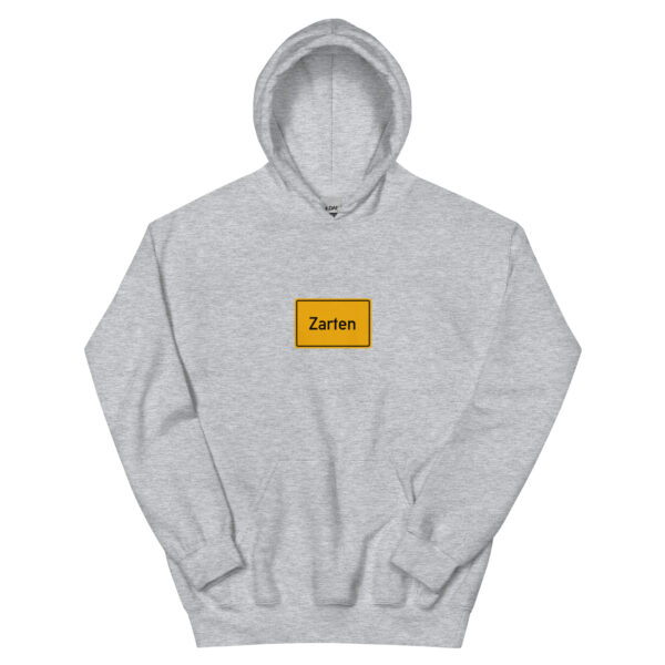 Ein Unisex-Kapuzenpullover mit gelbem Logo darauf.