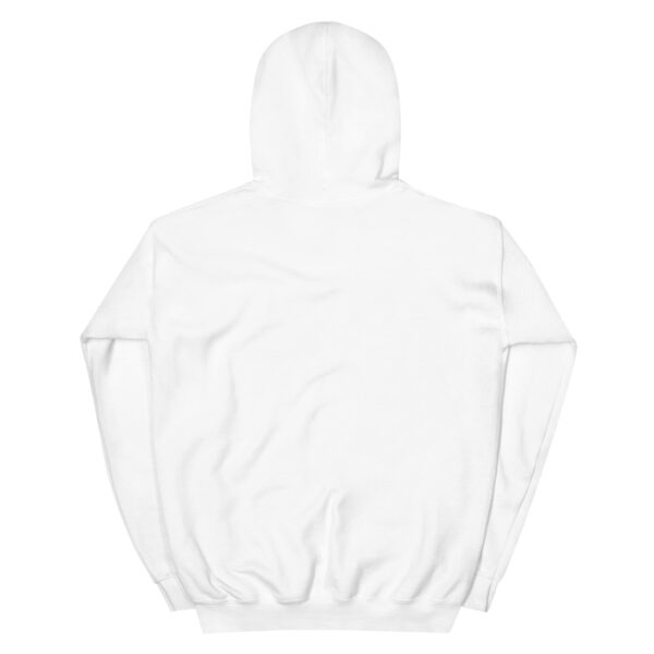 Ein Unisex-Kapuzenpullover, fotografiert von hinten, vor einem schlichten weißen Hintergrund. (Ersetzen Sie „Unisex-Kapuzenpullover“ durch „Produktname“)