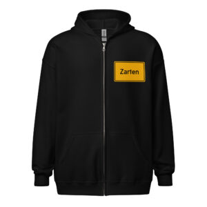 Ein Unisex-Kapuzenpullover mit Reißverschluss aus schwerer Mischung mit dem Wort „zetten“ darauf.