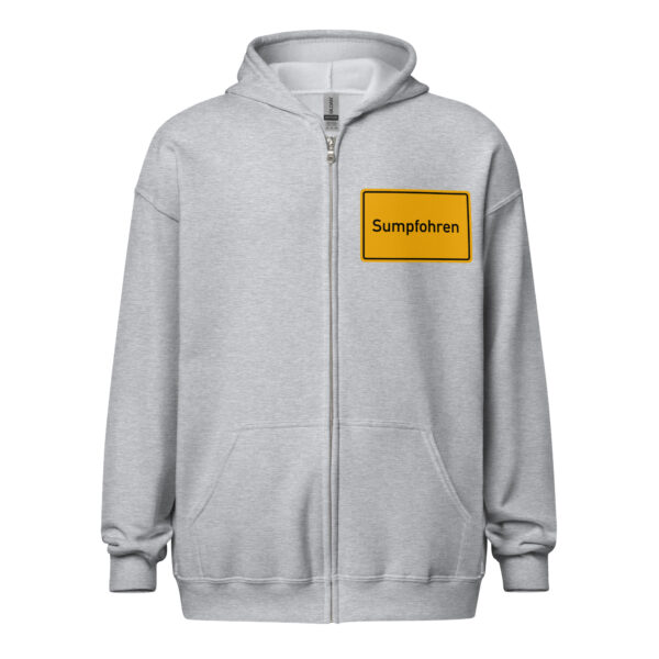 Ein Unisex-Kapuzenpullover mit Reißverschluss aus schwerer Mischung in Grau mit dem Wort „Superphone“ darauf.