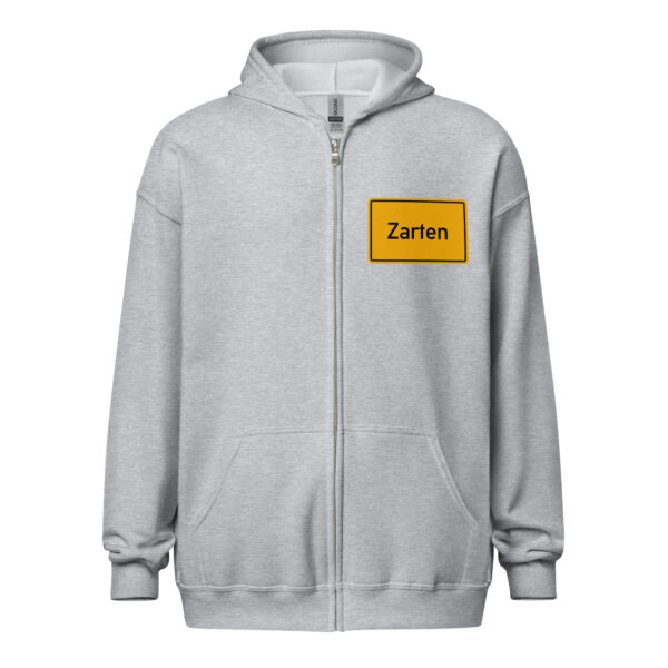 Ein Unisex-Kapuzenpullover aus schwerem Mischgewebe mit Reißverschluss und gelbem Logo darauf.