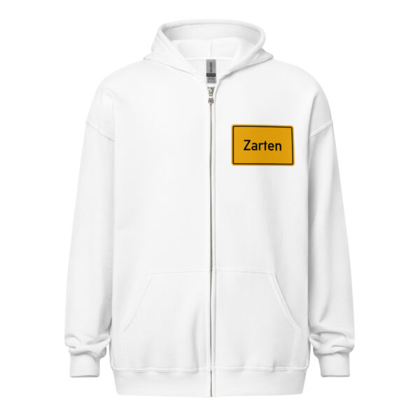 Ein Unisex-Kapuzenpullover mit Reißverschluss aus schwerer Mischung mit dem Wort Zetin darauf.