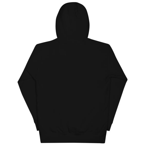 Ein Unisex-Kapuzenpullover mit schwarzer Rückseite auf weißem Hintergrund.