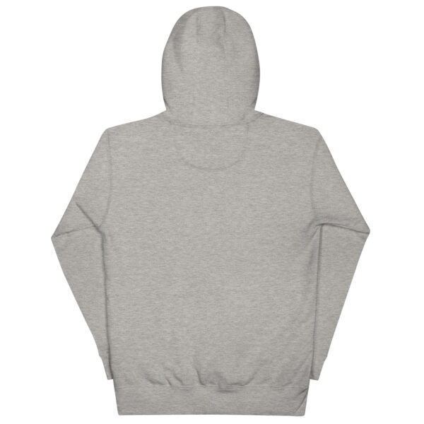 Ein Unisex-Kapuzenpullover, der die Rückseite eines grauen Kapuzenpullovers auf weißem Hintergrund zeigt.