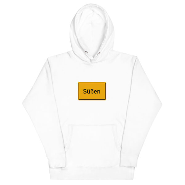 Ein weißer Unisex-Kapuzenpullover mit dem Wort Silen darauf.