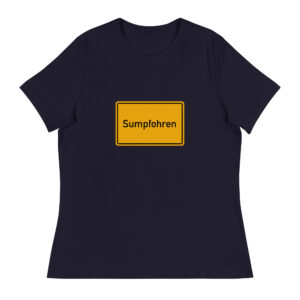 Ein Lockeres Damen-T-Shirt mit einem gelben Schild mit der Aufschrift „Sumphornen“.