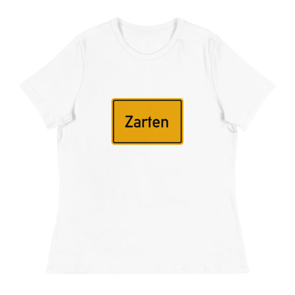 Ein lockeres Damen-T-Shirt mit dem Wort zarten drauf.